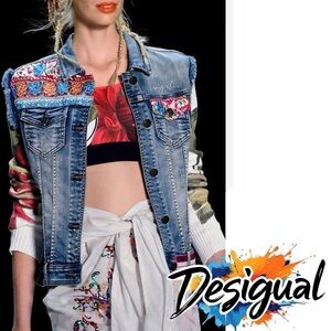 Desigual embellished embroidered patched jean jacket rare 2016 runway piece Sm